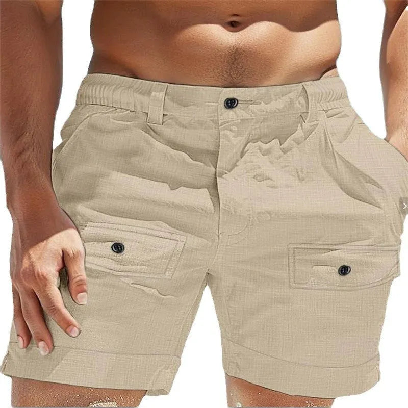 Men's straight leg linen shorts with elastic waistband and button pockets in white and khaki colours