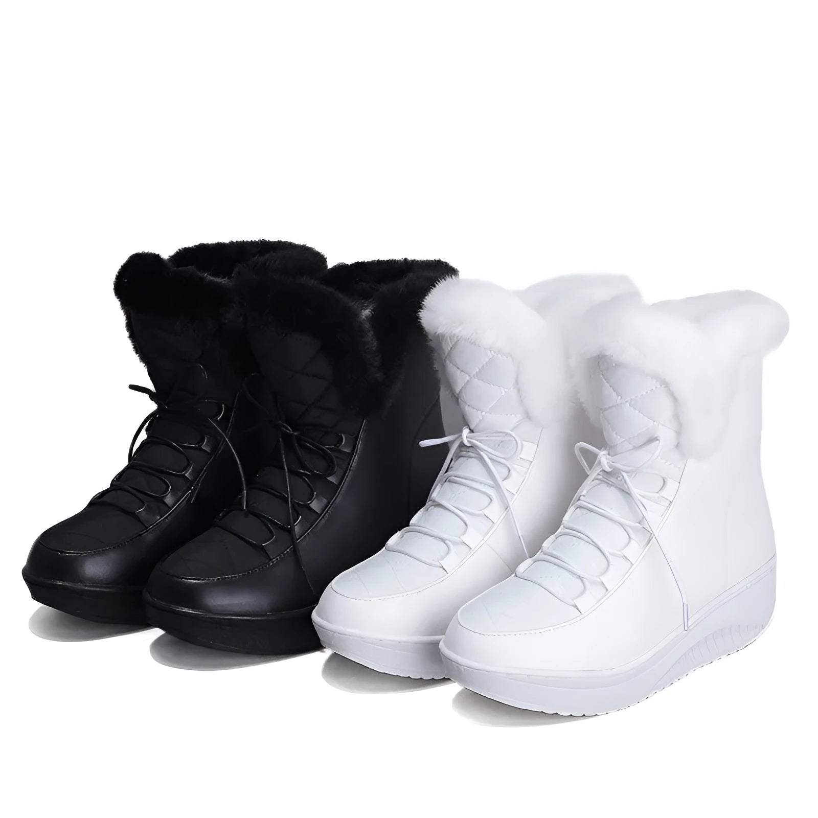 Black women's winter ankle boots with lace-up closure and a platform sole.