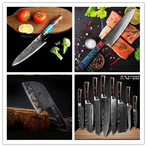 Eight-piece kitchen knife set with separate Damascus steel chef knife and high carbon steel vegetable knife on a wooden board.