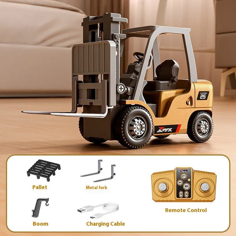1:64 scale grey alloy remote control forklift toy with mini Bluetooth controller and cargo accessories.