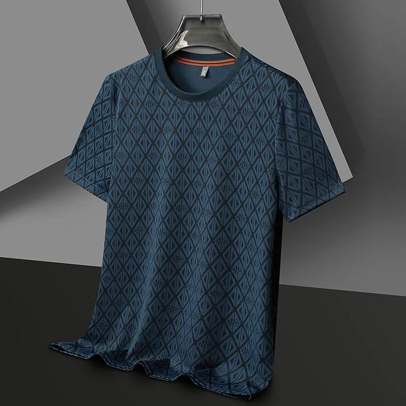Men's loose fit ice silk polyester T-shirt in black, blue, dark green and caramel colours