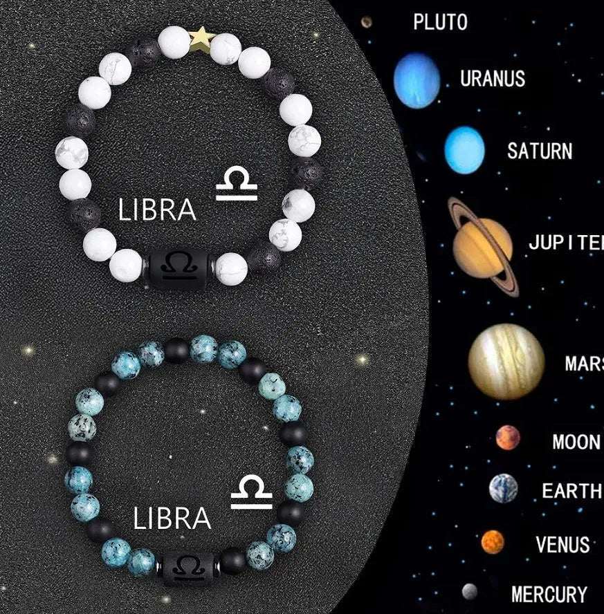 Zodiac sign beaded bracelet set with natural stone beads on adjustable cord