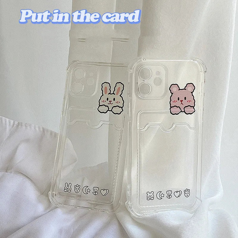 Transparent cartoon-styled iPhone case with a card holder slot on the back