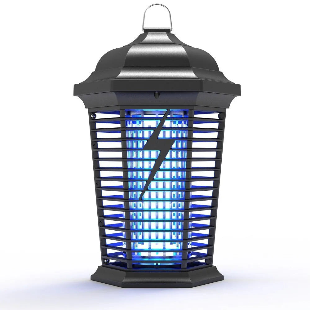 Black outdoor mosquito killer lamp with UV light and electric grid for garden insect control.