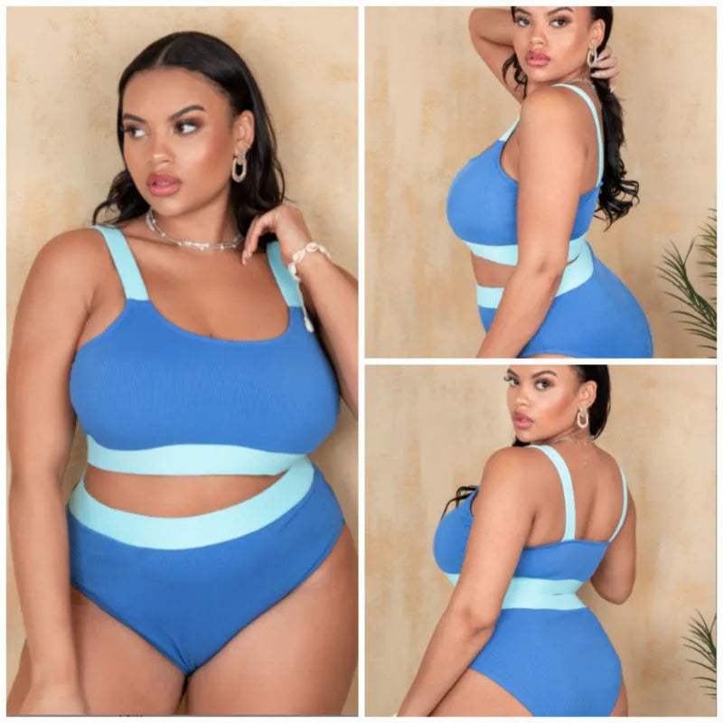 Women's solid colour bikini set with high waist briefs and stitching detail.