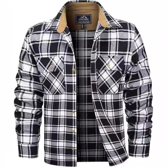 Men's polyester flannel button shirt with plaid pattern in multiple colour options showing button-front design