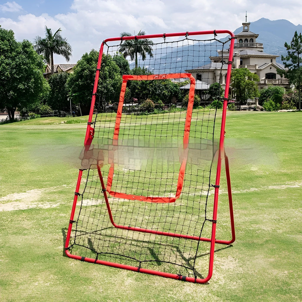 Red portable baseball training net with metal frame set up for catching practice
