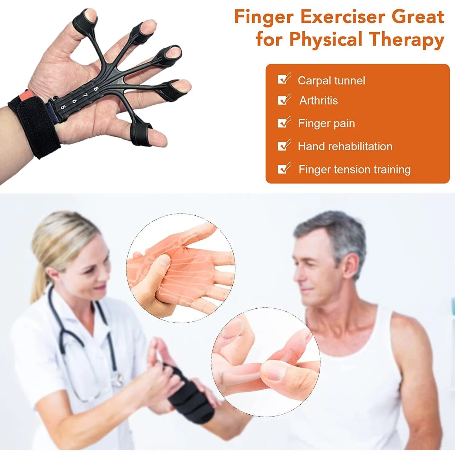 Black silicone finger flexion and extension trainer with adjustable belt for adult hand rehabilitation