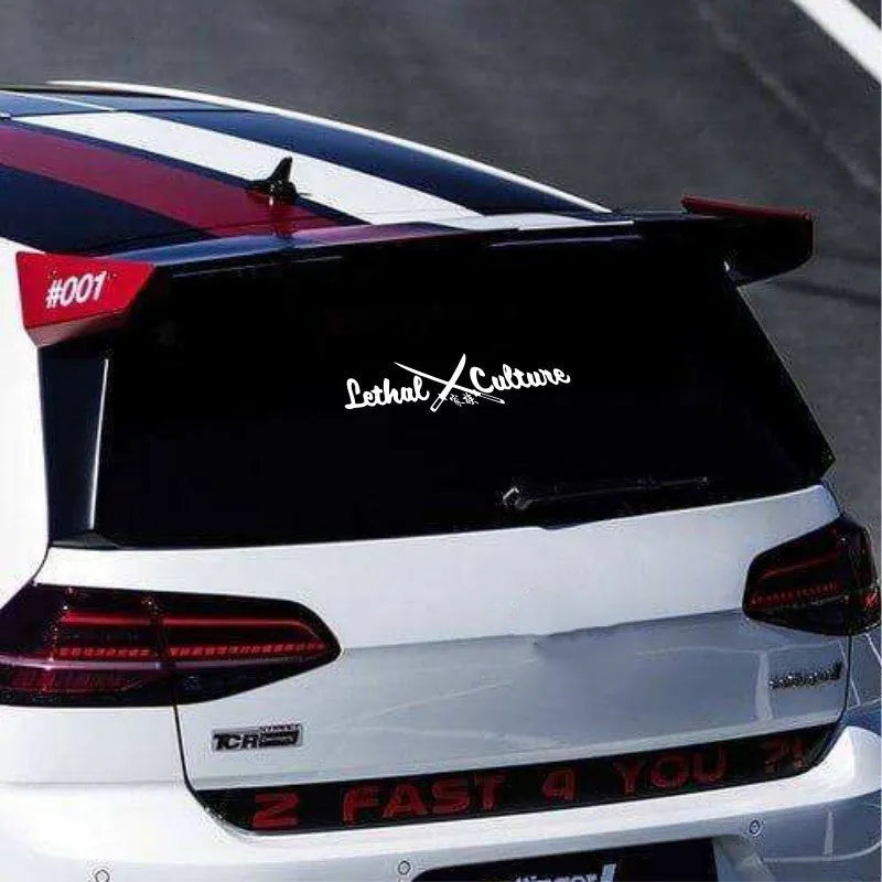 Family car rear windshield vinyl sticker in yellow or silvery white showing text pattern