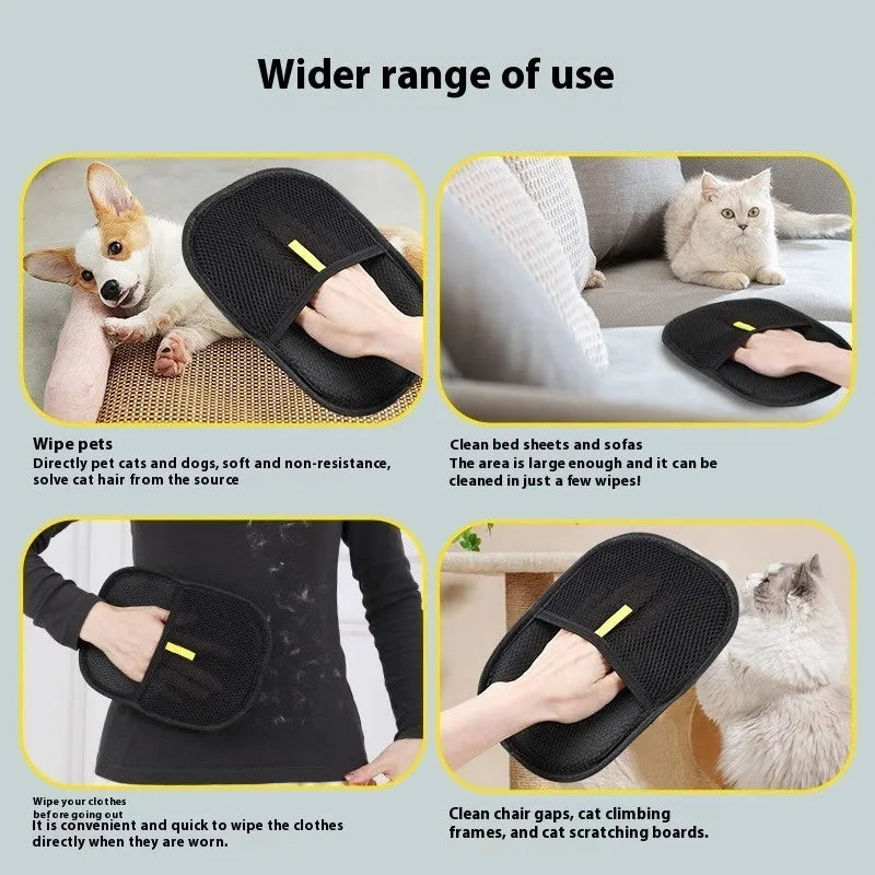 Black pet deshedding glove with silicone bristles for grooming dogs, cats, and rabbits.