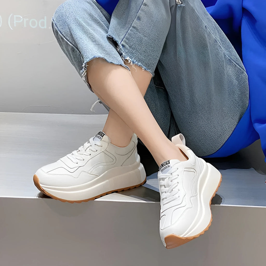 Women's beige cowhide leather casual sports shoes with mesh lining, English muffin heel and cross-strap detailing