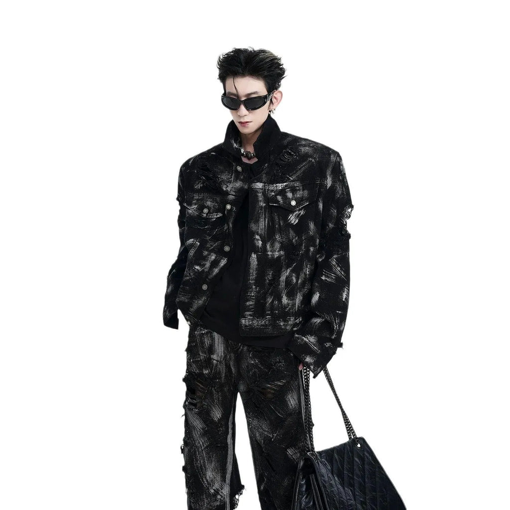 Men's heavyweight washed denim jeans in American high street wasteland graffiti style with micro elasticity