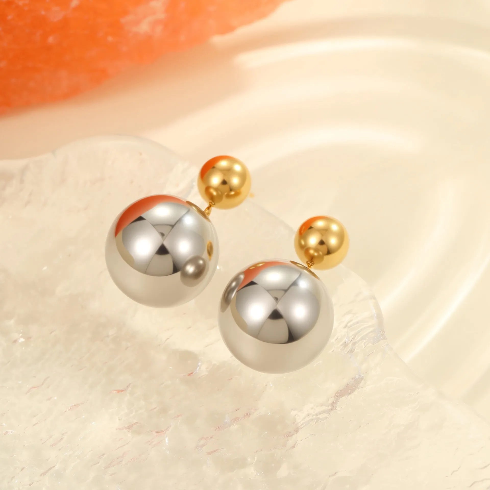 Stainless steel geometric ear studs with colour-block round beads and electroplated finish