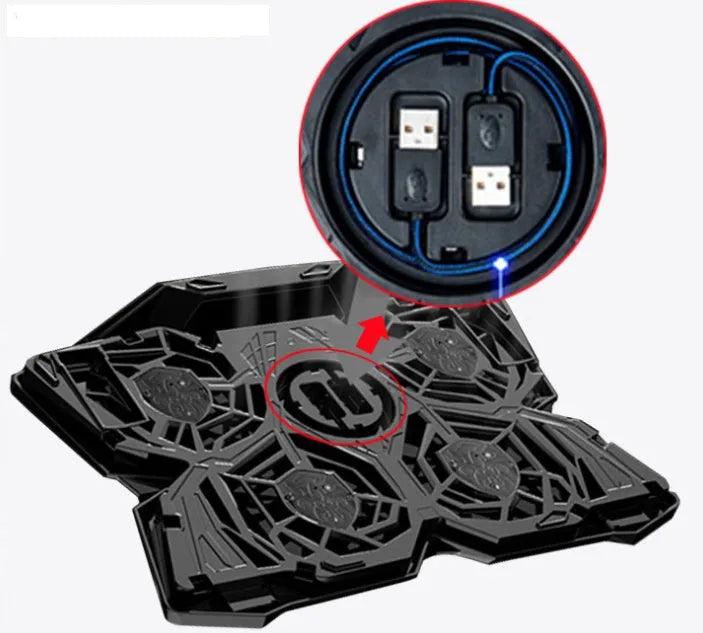 Blue computer cooling base with four LED fans, two USB ports, and speed control switches