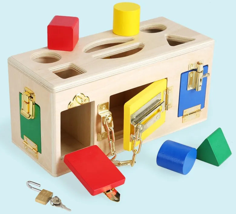 Wooden educational shape sorting box with 12 matching blocks for preschool children