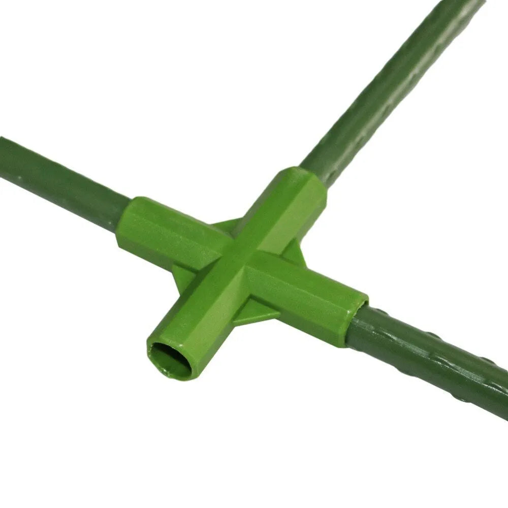Two white PP plastic garden connectors, one with three arms and one with four, for connecting 11mm plant support stakes.