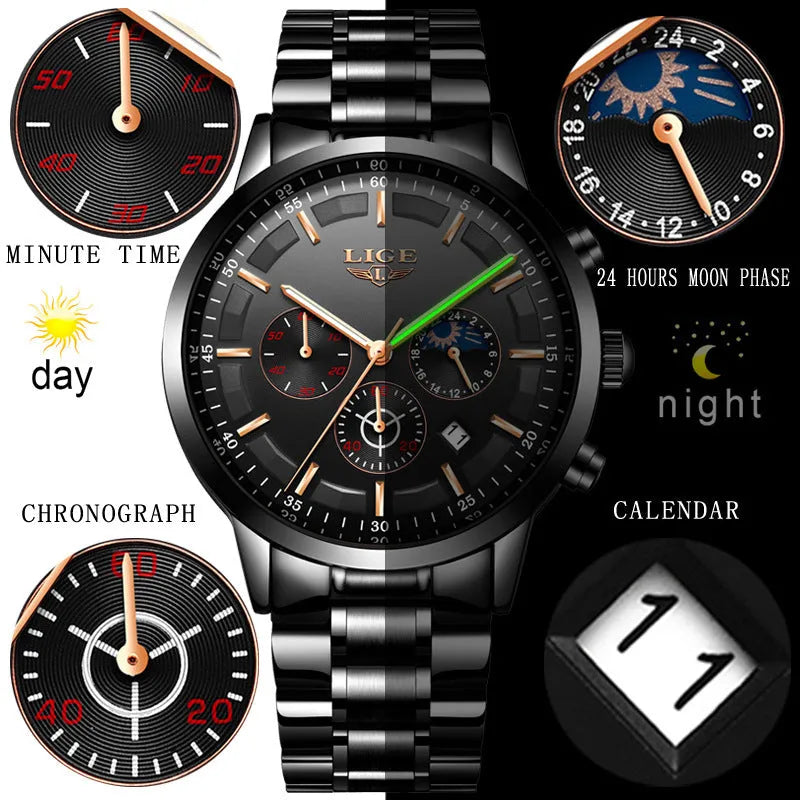 Men's waterproof quartz sports watch in black and rose red gold colour on wrist