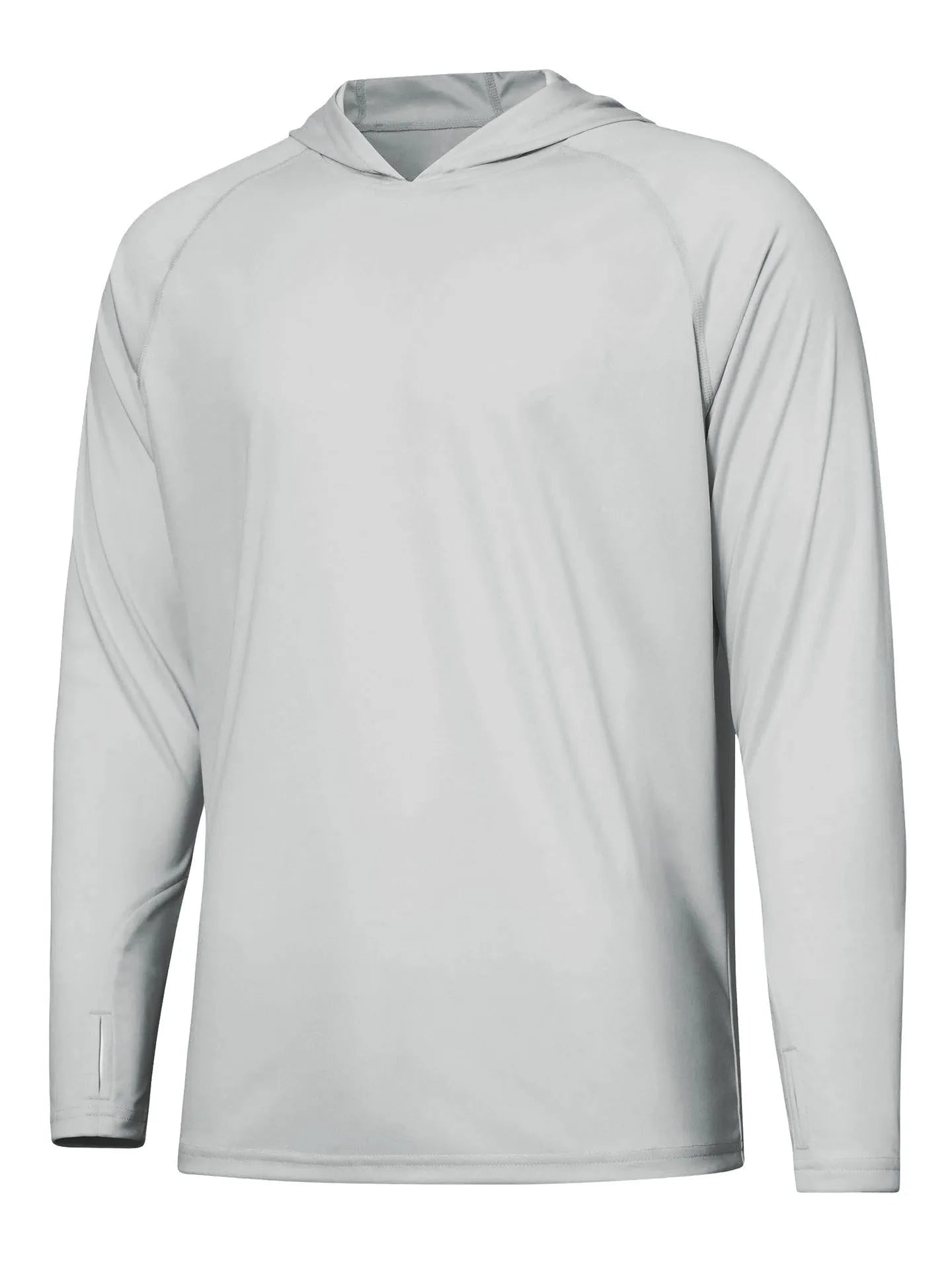 Man wearing a thin grey long sleeve hooded outdoor top for UV protection during fishing or hiking.