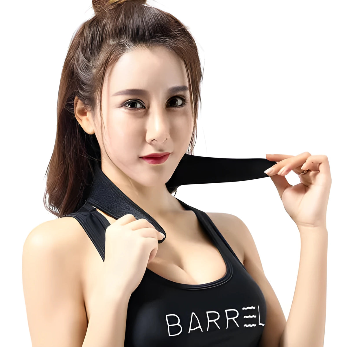 Black self-heating magnetic neck guard with adjustable straps, shown laid flat.