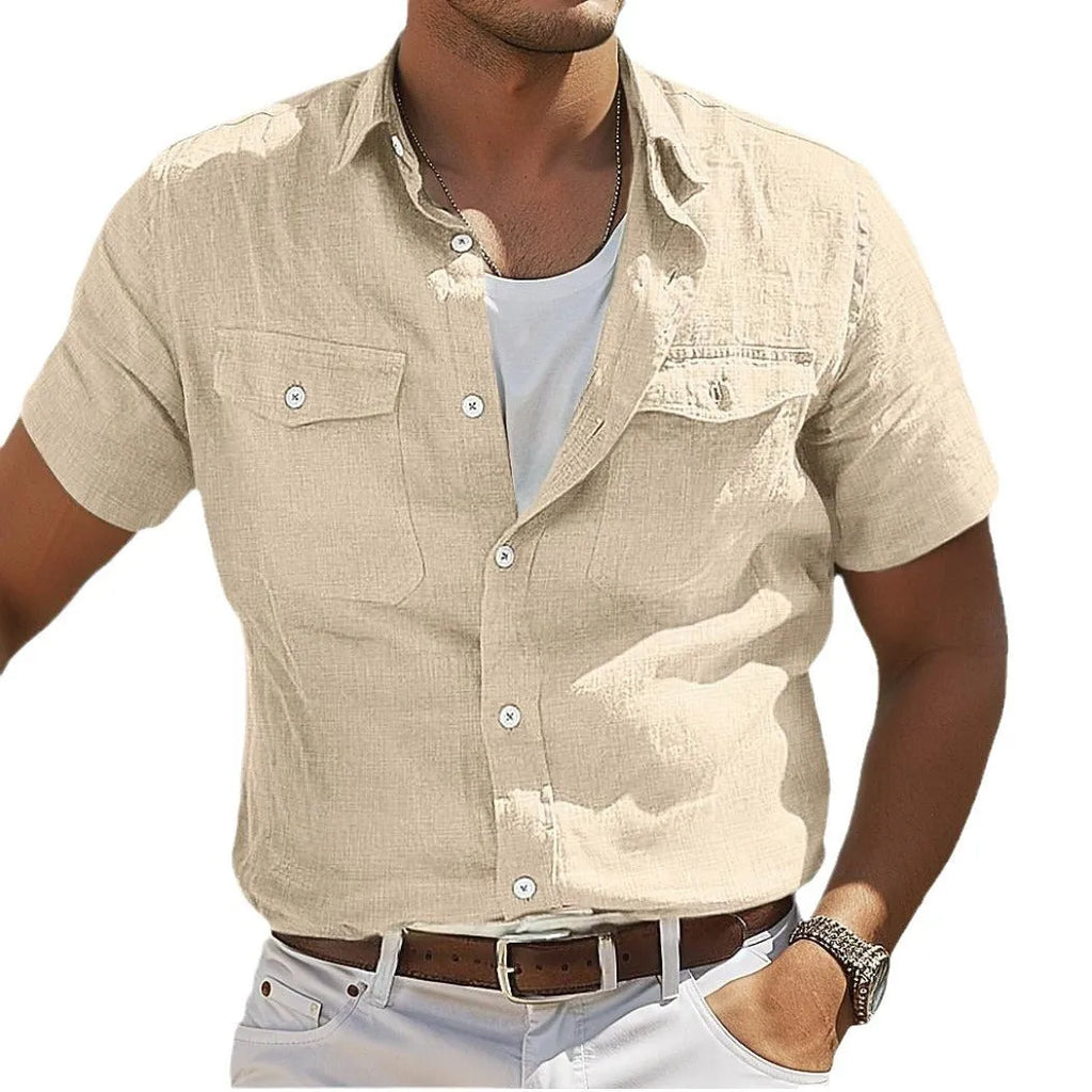Men's loose-fit cotton summer shirt in grey, featuring a polo collar and long sleeves.