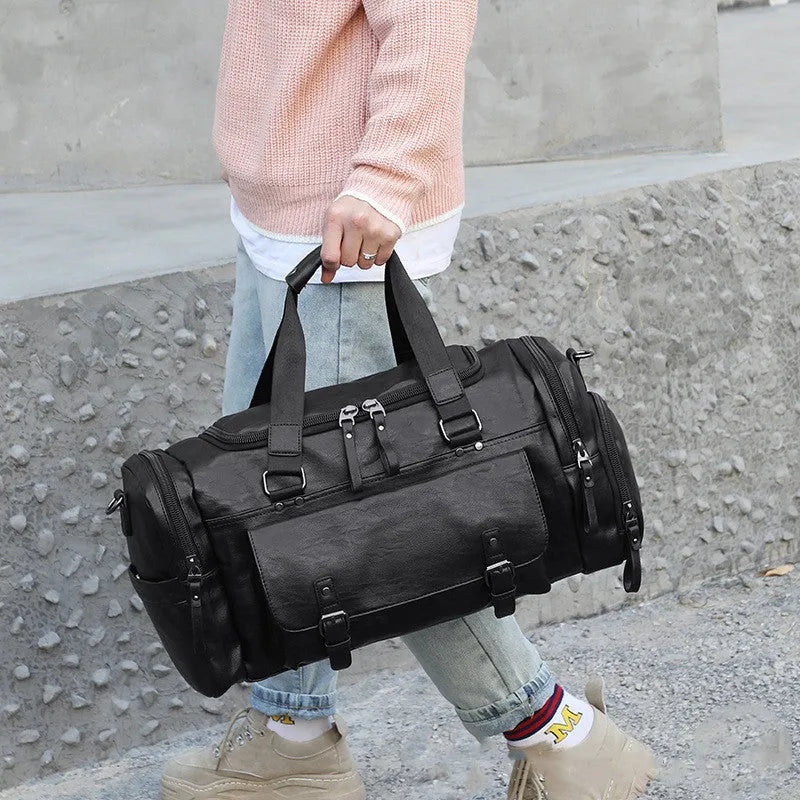 Large black travel shoe bag made from PU fabric with dimensions 52cm by 19cm by 27cm.