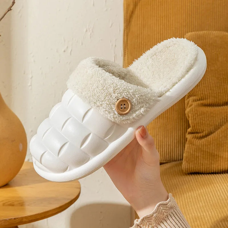 Plaid patterned detachable EVA slippers with plush lining shown in pink, green, yellow, white, grey and black.
