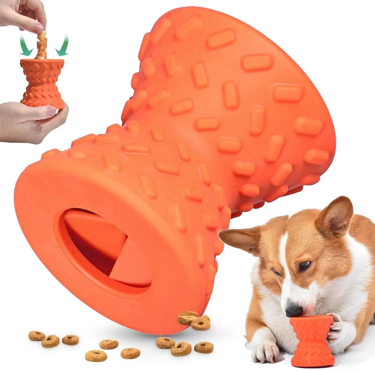 Blue natural rubber bone-shaped dog toy with treat holes for interactive chewing.