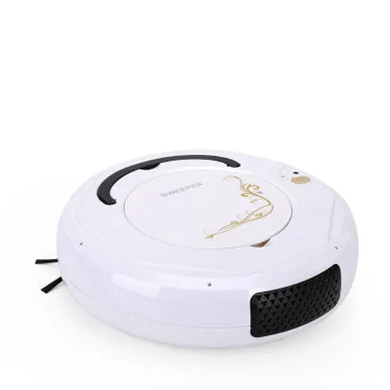 Blue smart floor sweeping robot vacuum cleaner on a hardwood floor.