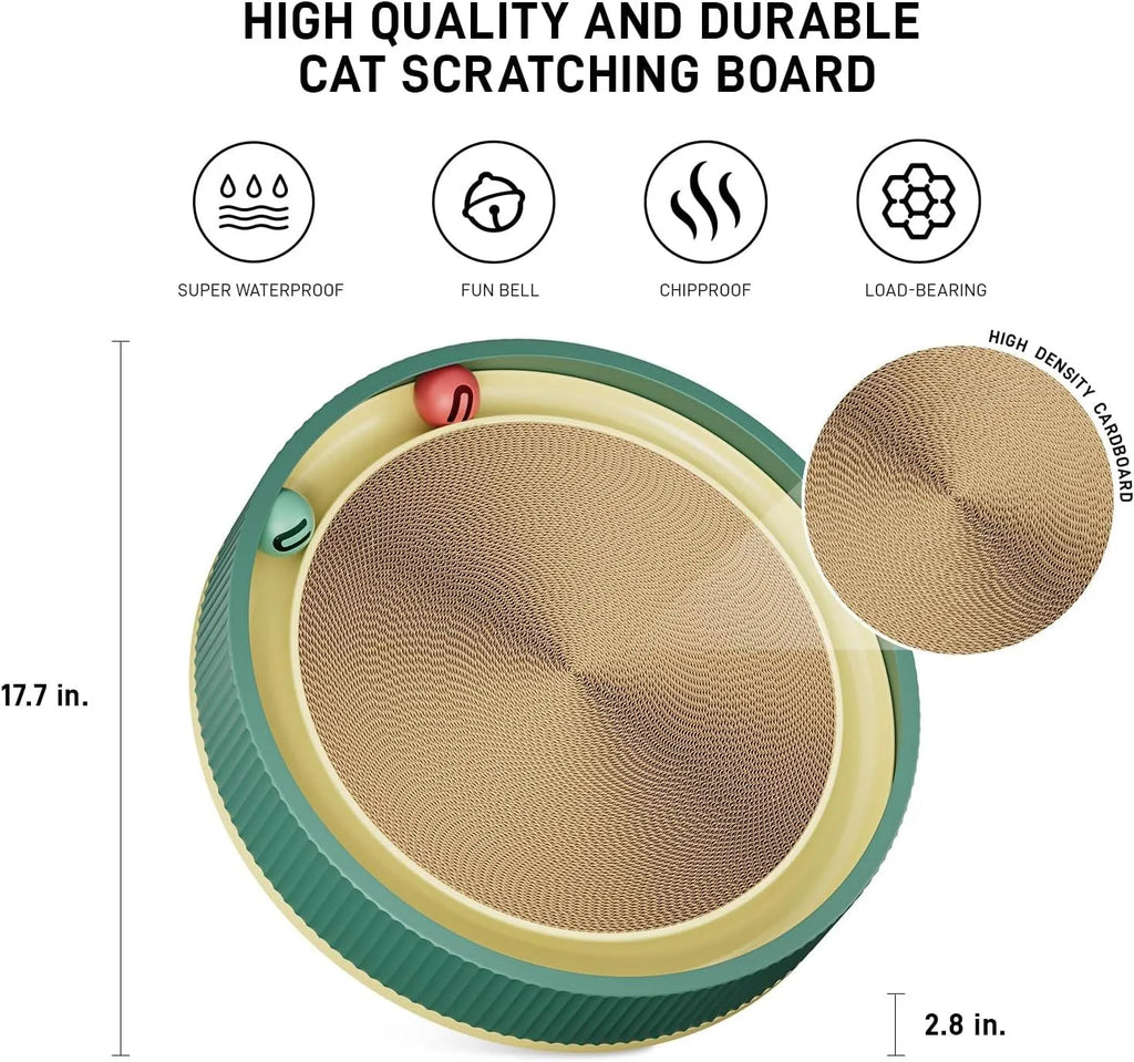 Large circular green cat scratching board with ball toys and a replaceable cardboard core