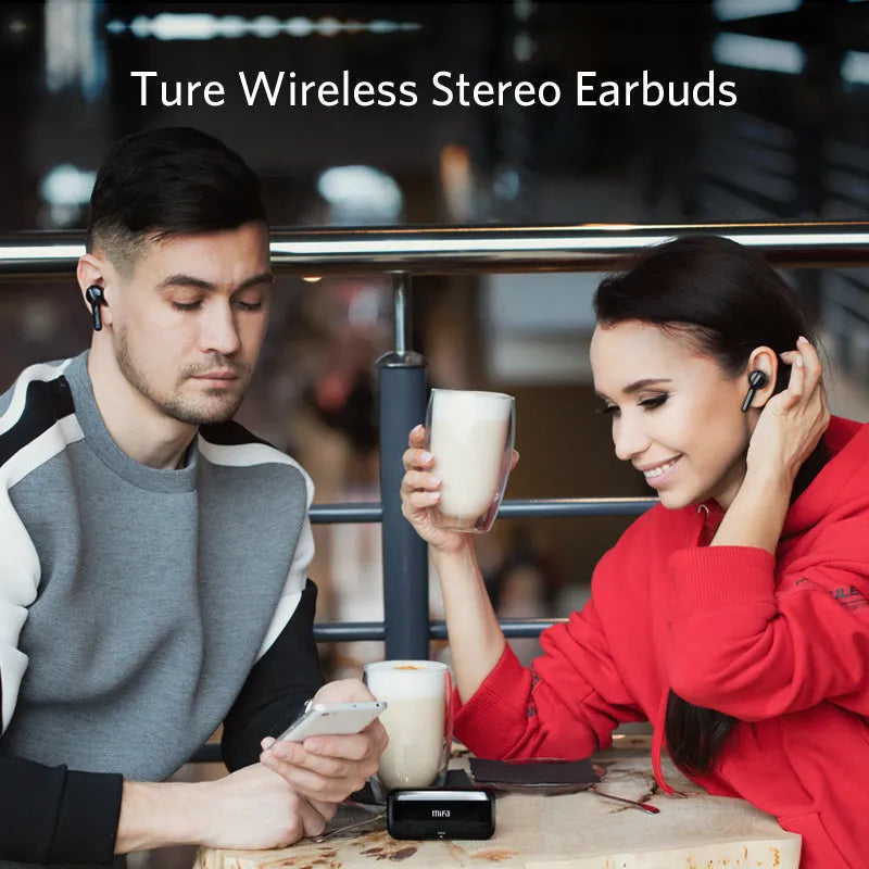 Black and white true wireless stereo earbuds with Bluetooth 5.0 and IPX5 waterproof rating