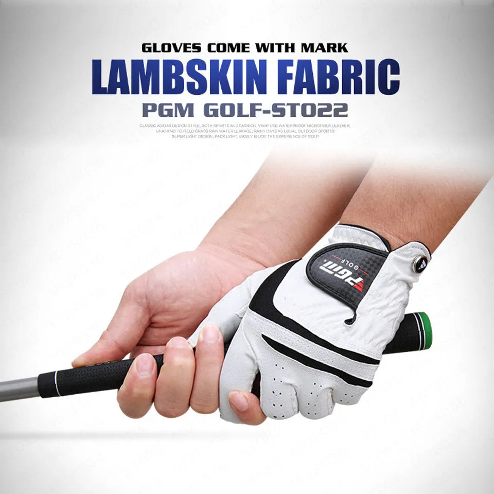 Summer thin section golf glove in real sheepskin leather with anti-skid particles, breathable pores and Velcro closure.