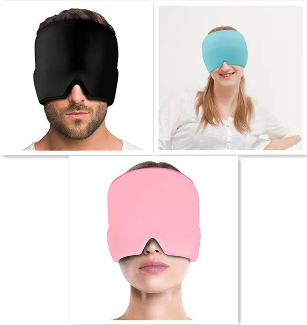 Black elastic cloth gel cooling eye mask for headache relief, shown with adjustable strap.