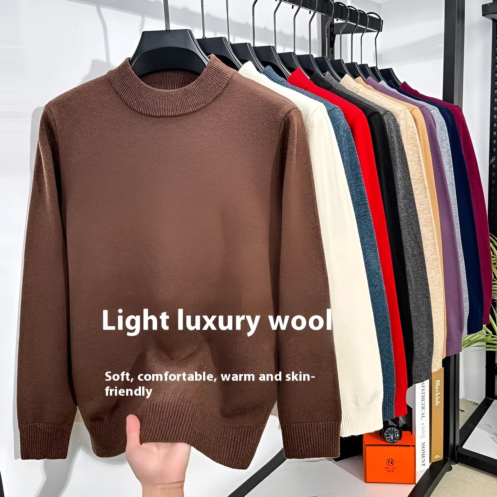 Men's solid colour half turtleneck knitwear pullover in fine wool yarn