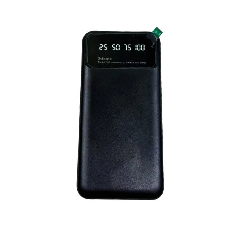 Black ultra-thin 10000mAh power bank with fast charging, showing compact 67x14x140mm dimensions