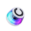 Compact white Bluetooth speaker with LED light on a magnetic base.