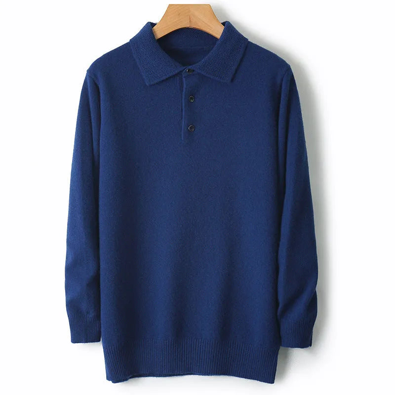 Men's woolen polo collar sweater pullover in black with long sleeves and stitched craft detail