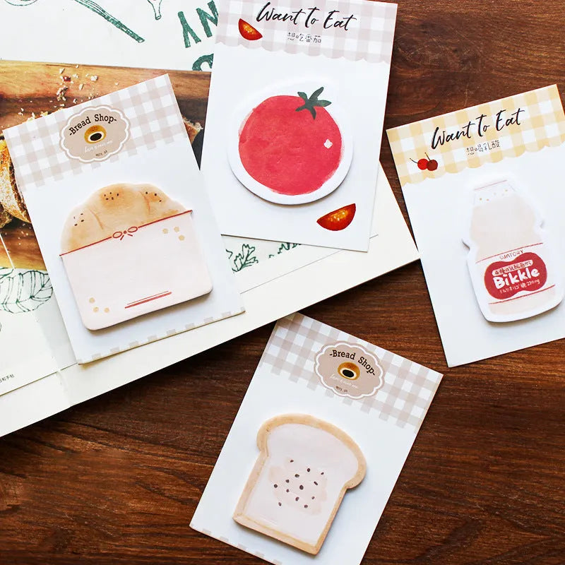 A6 food-themed note paper handbook showing Bread01 design with back card support