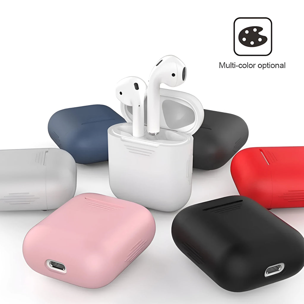 Silicone AirPods case with shockproof earmuffs and anti-loss rope in multiple colour options