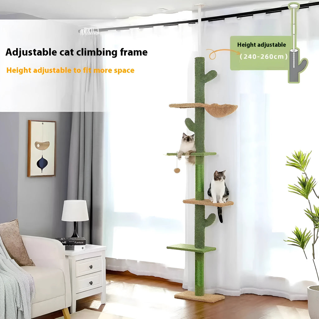 Tall cactus-themed cat climbing frame with integrated scratch board and hanging toy
