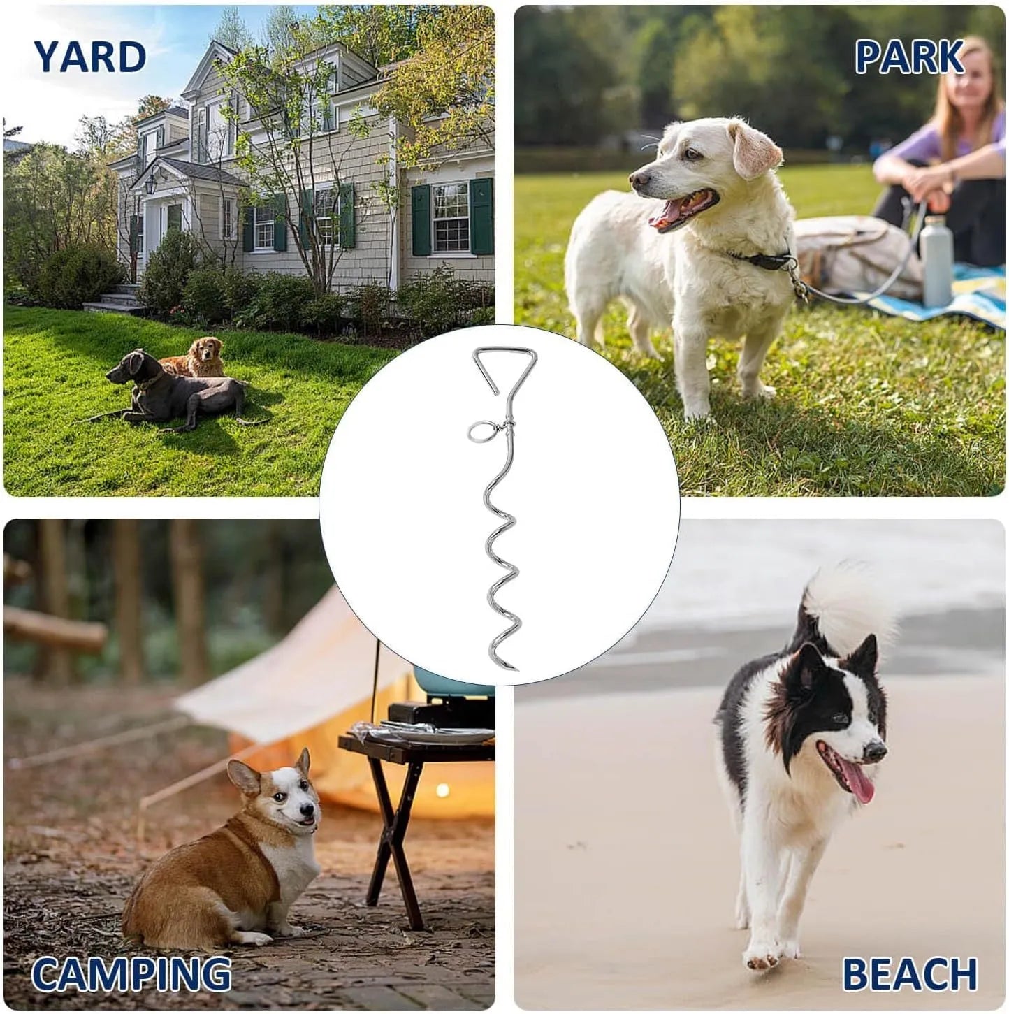 Silver spiral dog tie out stake made of steel for secure outdoor tethering in gardens and campsites