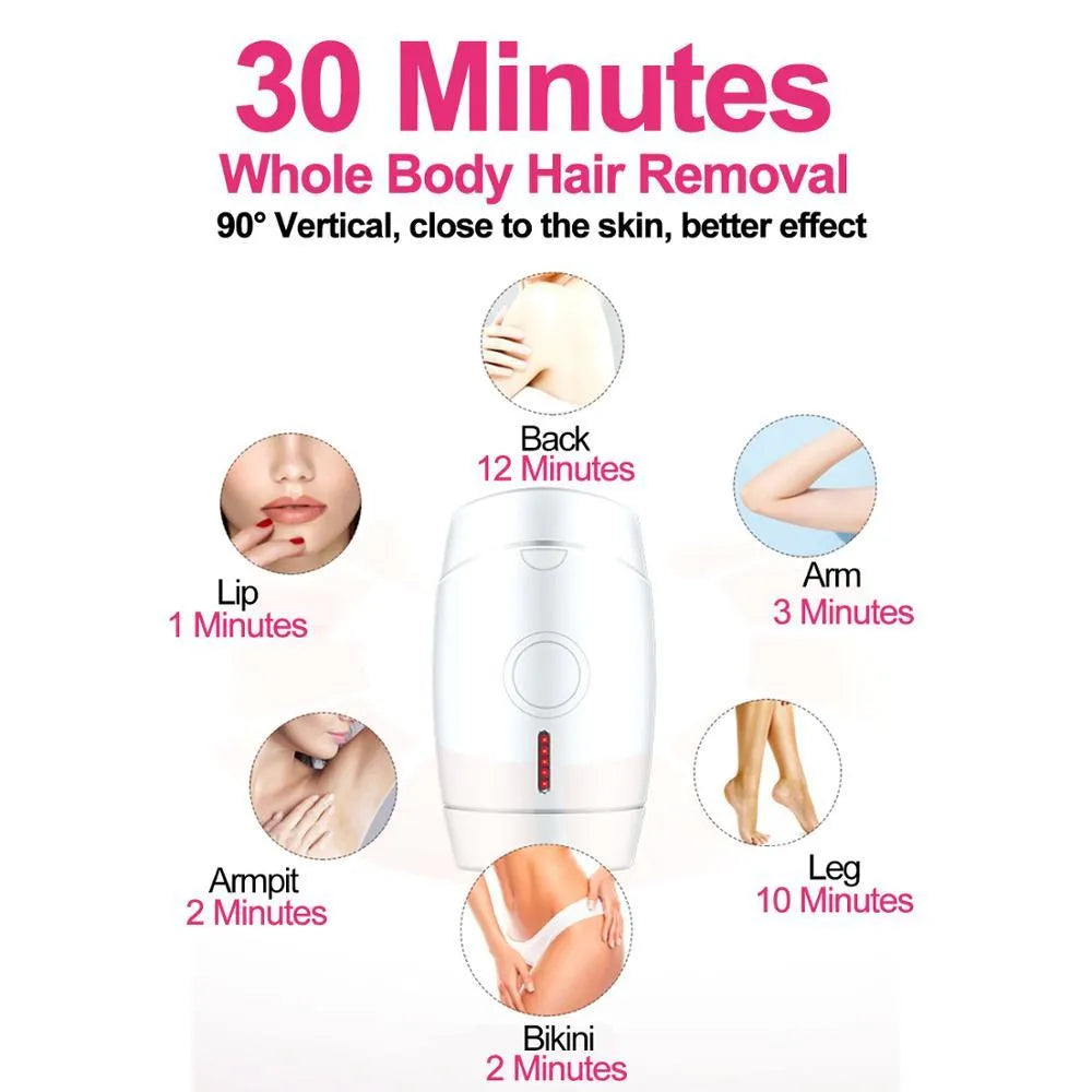 White home laser hair removal device with LCD display and five adjustment buttons