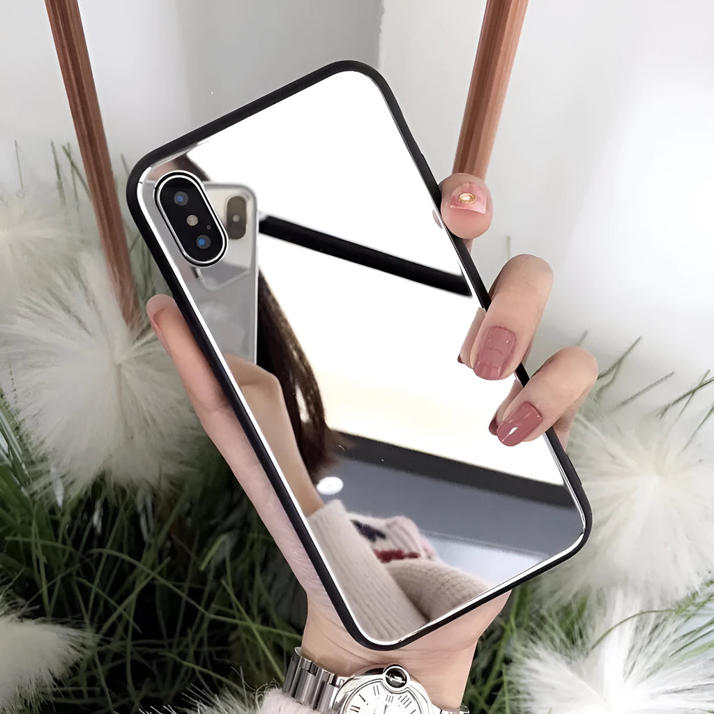 Black iPhone case with a reflective mirror surface on the back, compatible with iPhone X and iPhone 7/8 Plus models.