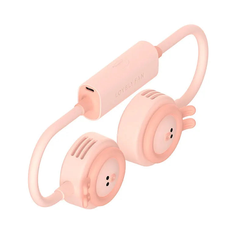 Pink and blue foldable leafless hanging neck fan with USB charging port