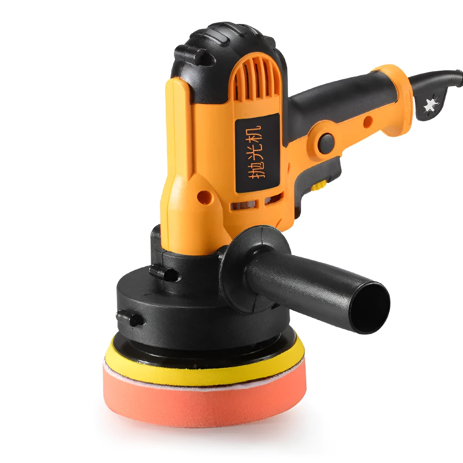 Yellow automotive polishing machine with a 125mm disc, 700W power, for cars, wood, tiles, and leather.