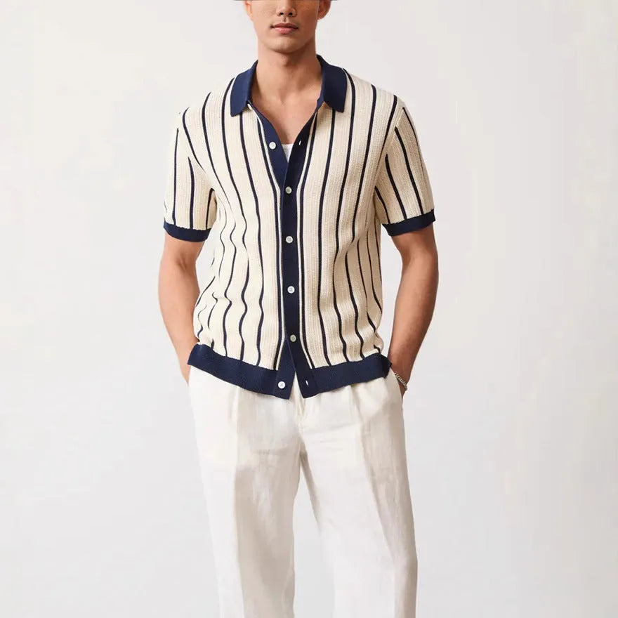 Men's white lapel collar knitted shirt in ice silk spandex fabric with asymmetric design detail