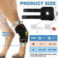 Black polyester dog leg guard or knee pad for ACL and joint support, shown in size L, M, and XL.