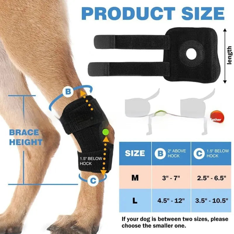 Black polyester dog leg guard or knee pad for ACL and joint support, shown in size L, M, and XL.