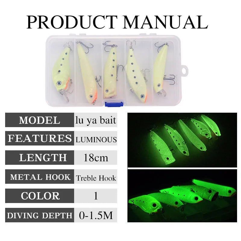 Set of five fluorescent 3D hard bait fishing lures with luminous design for submerged use