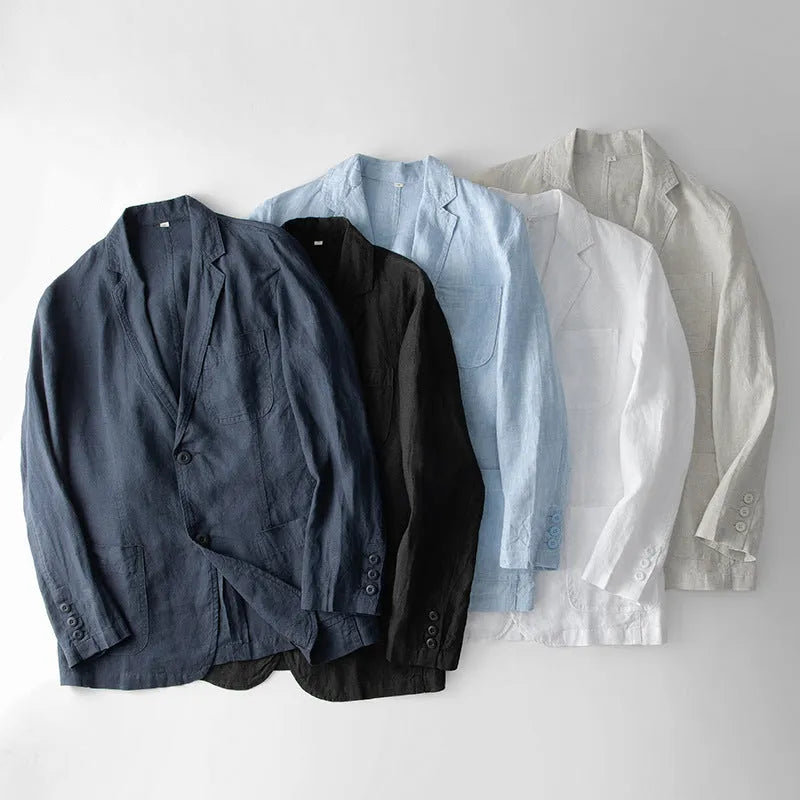 Men's casual linen suit jacket in a solid colour on a hanger, showing long sleeves and loose fit.