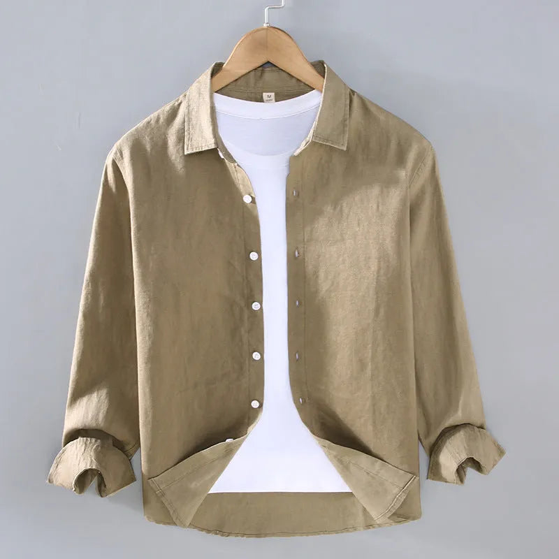 Men's pure linen cardigan-style shirt in solid colours showing long sleeves and simple design
